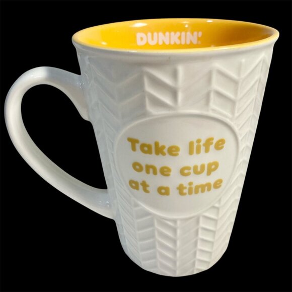Dunkin' Donuts Ceramic Coffee Cup Take Life One Cup At a Time Yellow White - Picture 2 of 10